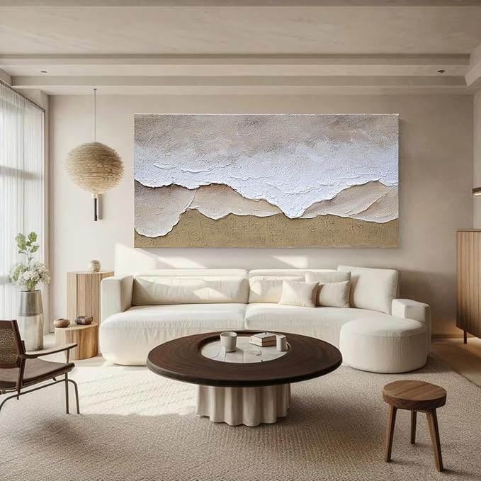 Artaanchuil Hand Painted Beach Waves Textured Wall Art - White and Brown Oil Painting 24x48 Inch Rectangle Large Moden Artwork for Living Room Horizontal Wall Decor