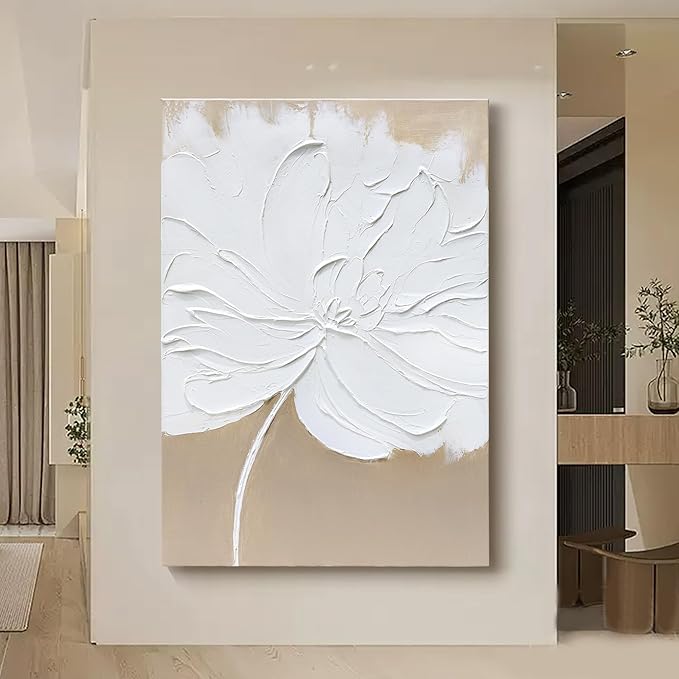 Artaanchuil Hand Painted White Flower Texture Wall Art - 28x40 Inch Beige Canvas Abstract Oil Painting Vertical Modern Artwork for Living Room Wall Decoration