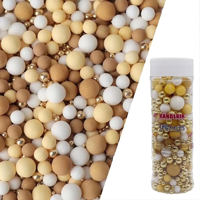Edible Light Brown & Yellow & White & Gold Sugar Pearls Sprinkles Candy Mix Size Pearls Cake Decorations Cupcake Toppers Decorating Perfect for Wedding Party Valentine Christmas Supplies 4.58OZ