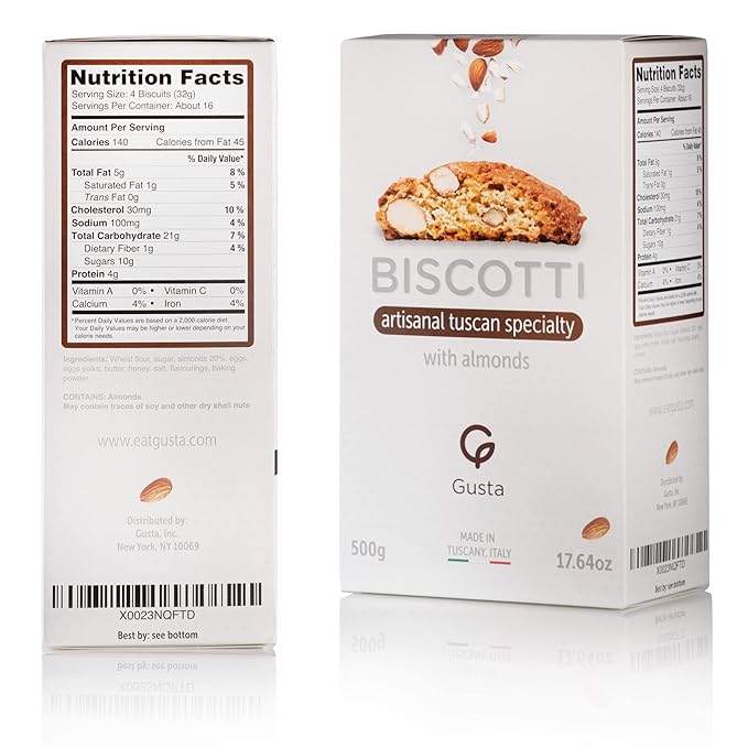 Gusta Authentic Biscotti Cookies Made in Tuscany, Italy - Classic Almond - Original Two Bites Size - All Natural Ingredients - Fresh & Genuine Italian Dessert Treats - 17.64oz