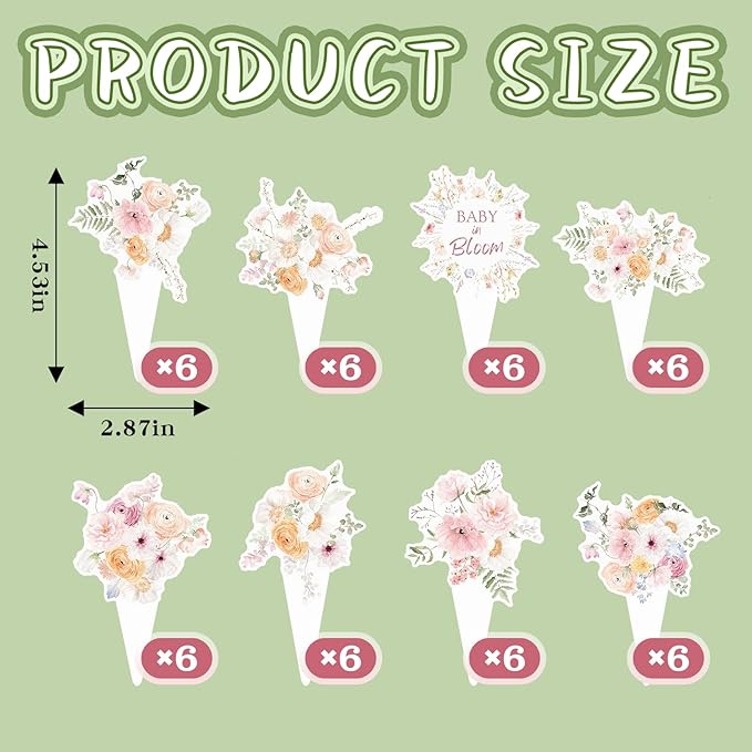 Wildflower Baby in Bloom Cupcake Toppers, Floral Cupcake Toppers for Birthday Party Baby Shower Decorations Supplies.(48PCS)