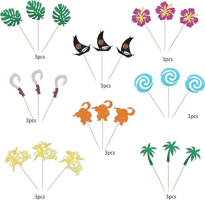 24 Pack Moana Cupcake Toppers Glitter Palm Leaf Moana Cupcake Picks The Sea is Calling Hawaiian Tropical Cake Decorations for Luau Summer Baby Shower Birthday Wedding Party Supplies