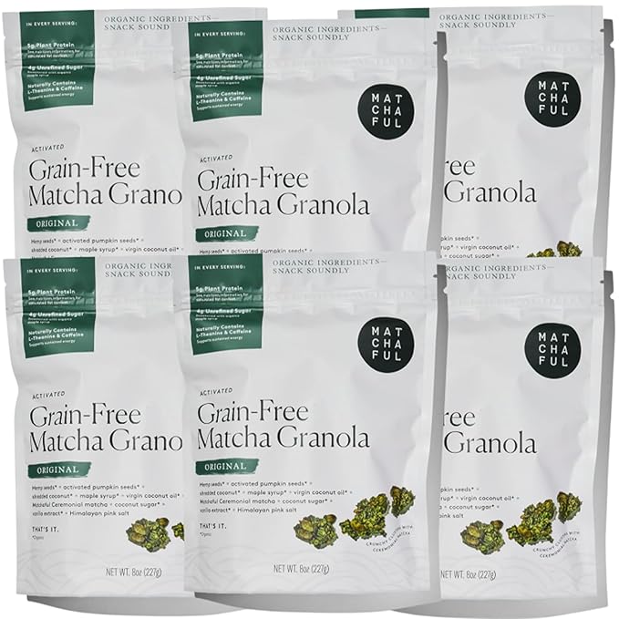 Matchaful - Original Matcha Granola - Activated, Grain Free, Organic Ingredients - Vegan, No Refined Sugar, No GMO - Gluten Free Granola Mixed with our Hikari Single Origin Matcha - 8oz Bag, 6pk