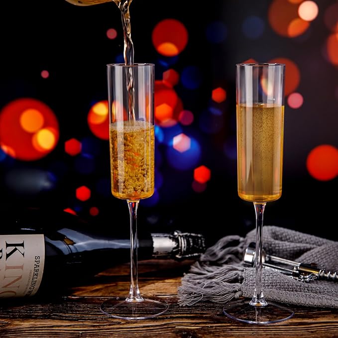 Ciaell 24 Pack Plastic Champagne Flutes - Clear 6 Oz Disposable Champagne Glasses - Square Plastic Toasting Glasses for Party Birthday Anniversary Wedding