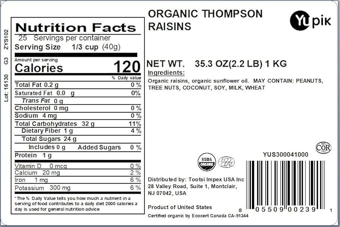 Yupik Organic Thompson Raisins, 2.2 lb, Gluten-Free, Kosher, Non-GMO, Vegan, Dried Fruits, Naturally Sweet, No Added Sugar, Seedless, Healthy Snacks, Fruity Topping & Inclusion, Ideal for Baking