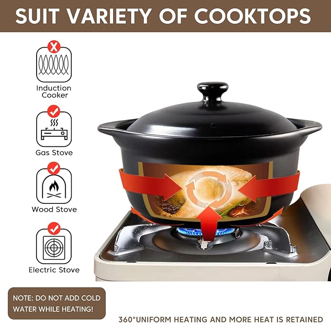 Ceramic Pots Casserole Soup Bowl with Lid Large Stock Clay Pot for Cooking (Black, 3.4 Quart)