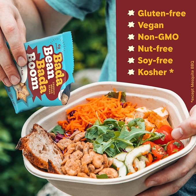 Enlightened Bada Bean Bada Boom - Plant-Based Protein, Gluten Free, Vegan, Crunchy Roasted Broad (Fava) Bean Snacks, 100 Calories per Serving, Sea Salt, 1 oz, Pack of 24