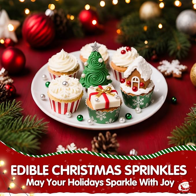 Christmas Sprinkles Pearls for Cake Decorating,130g Red Green White and Silver Pearl Mixed,Edible Sugar Holiday sprinkle for Cupcake Toppers, Cookie, Ice Cream Decorations Christmas Party