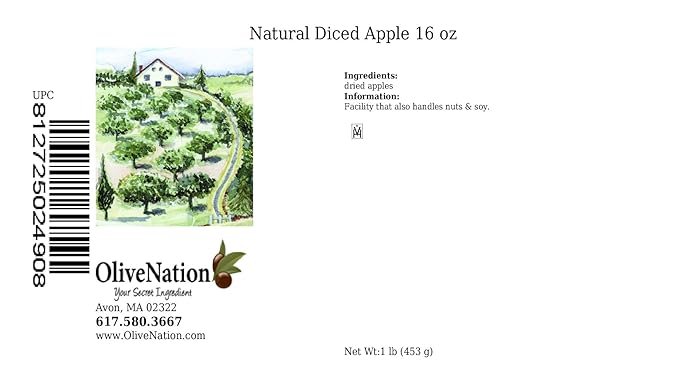 OliveNation All Natural Dried Diced Apple, Peeled and Cored, Non-GMO, Gluten Free, Kosher, Vegan - 16 ounces