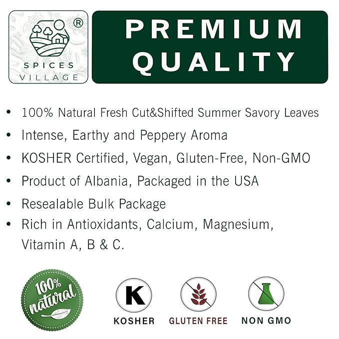 SPICES VILLAGE Summer Savory Spice, Natural Dried Summer Savory Leaves for Cooking and Herbal Tea, 2 oz, Pure Mediterranean Seasoning, Kosher, Gluten Free, Vegan, Non GMO, Resealable Bulk Bag