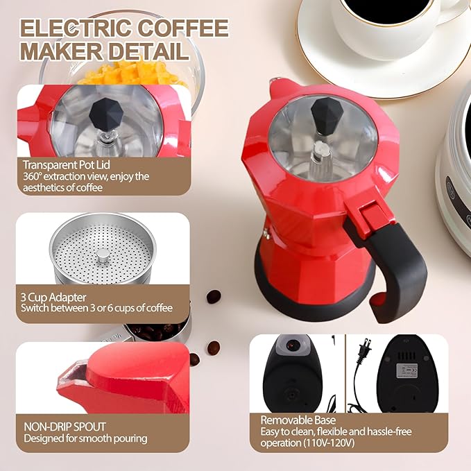 Aluminum Electric Moka Pot 5-6 Cup 270ml Express Coffee Maker Stovetop Espresso Portable Coffeemaker Italian Classic Brewing Greca Cafe Mocha with Removable Base and Overheating Protection Machine