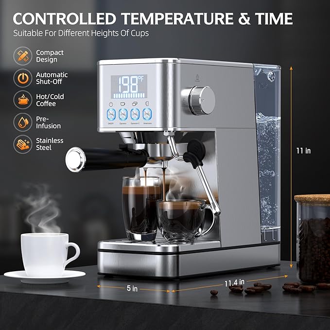 Espresso Machine, 20Bar Compact Stainless Espresso Maker, With Milk Frother Steam Wand, 57.5OZ Water Tank, Displays Making Time & Water Temperature, Cold Brew, Silver (2025 updated model)