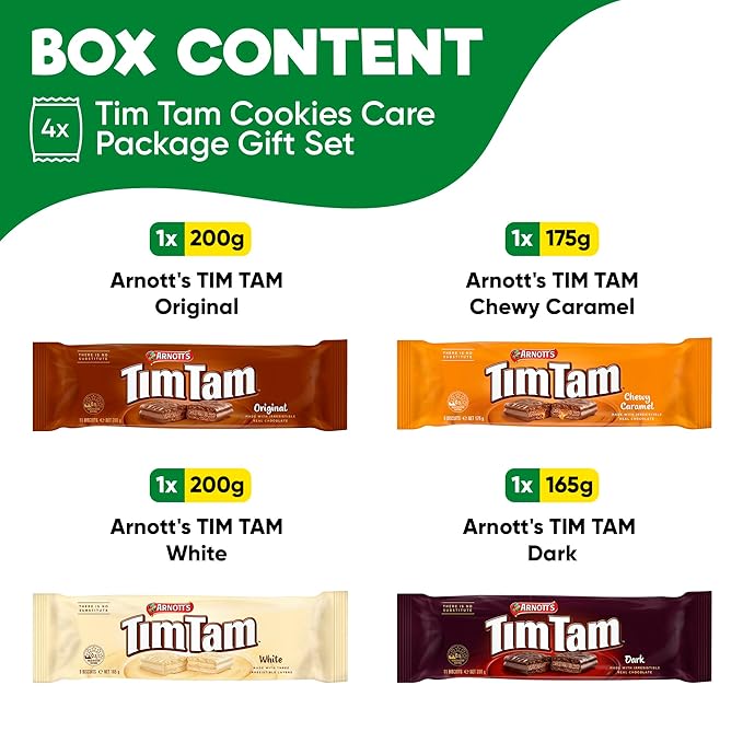 Tim Tam Cookies Gift, Snack Box, Australian Cookies Variety Pack with Chocolate Filling, 4 Pack Full of Original, Dark, Caramel & White Flavors - Perfect Cookie Gift