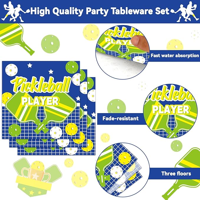 96pcs Pickleball Party Decorations Supplies Pickleball Player Themed Sports Birthday Party Disposable Plates Napkins Set for Baby Shower Brithday Party Decorations Favors Serve 24