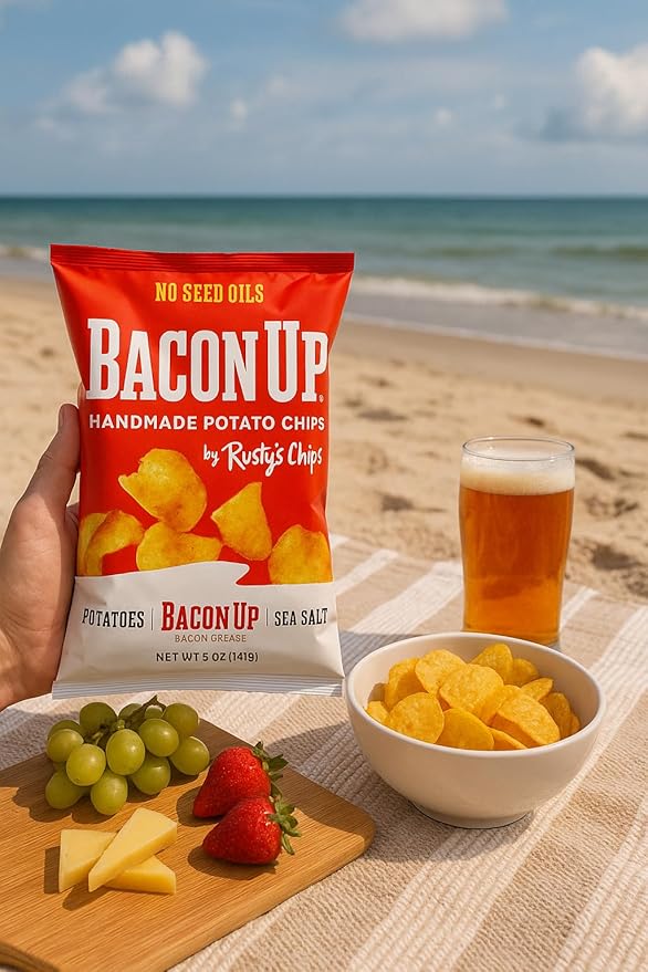 Bacon Up By Rusty's Chips, Handmade Healthy Chips, Sea Salt Potato Chips, No Seed Oils, Dairy Free Snack Pack, Gluten Free, No Preservatives, Non-GMO, 5 Ounces (6 Pack)