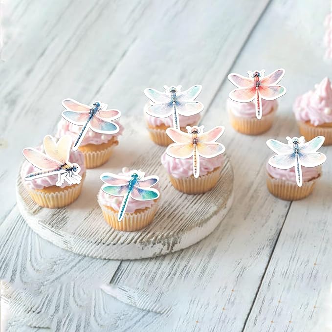 Rsstarxi 60 Pack Dragonfly Edible Cake Toppers Rice Paper Insect Themed Cupcake Picks for Baby Shower Birthday Wedding Anniversary Party Cake Decorations Supplies