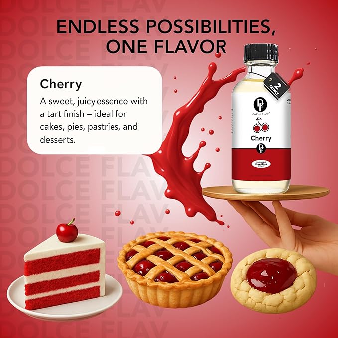 Dolce Flav Cherry Extract ??2 Ounce Oil-Soluble Kosher, Sugar-Free, Concentrated Fruity Flavor for Candy, Chocolates & Desserts, Includes Measured Dropper, Pack of 2
