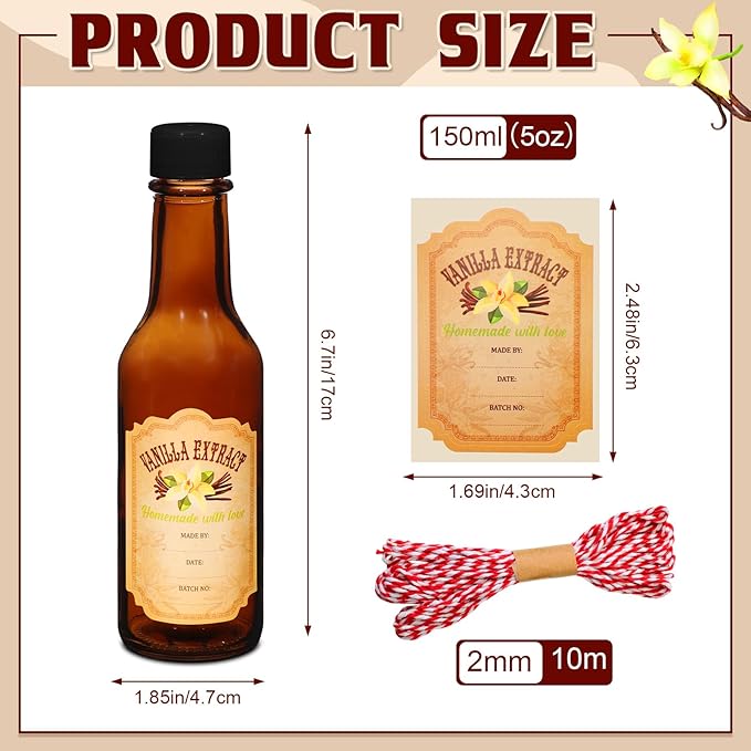 Tioncy 16 Pcs Vanilla Extract Bottles for Homemade Vanilla Jar Glass Bottle with Cap, Shrink Band, Sticker Syrup Gift Food Storage Canister for Bean Sauce Spice