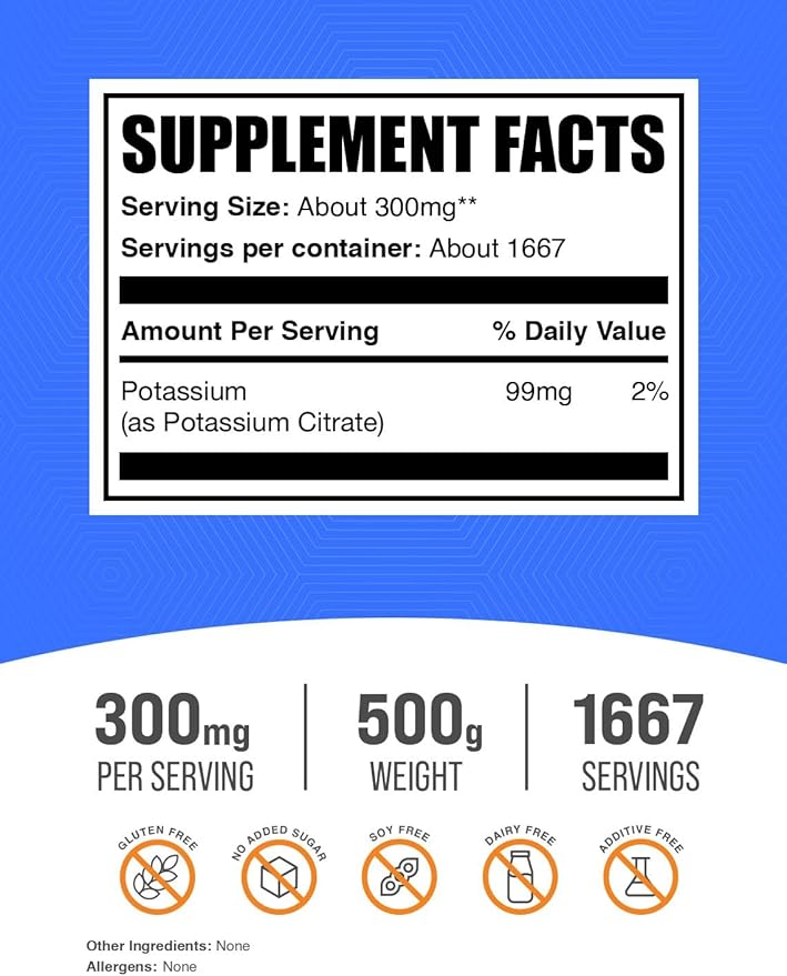 BulkSupplements.com Potassium Citrate Powder - for Hydration Support, Mineral Supplement, Potassium 99mg - Gluten Free, 300mg per Serving, 500g (1.1 lbs) (Pack of 1)