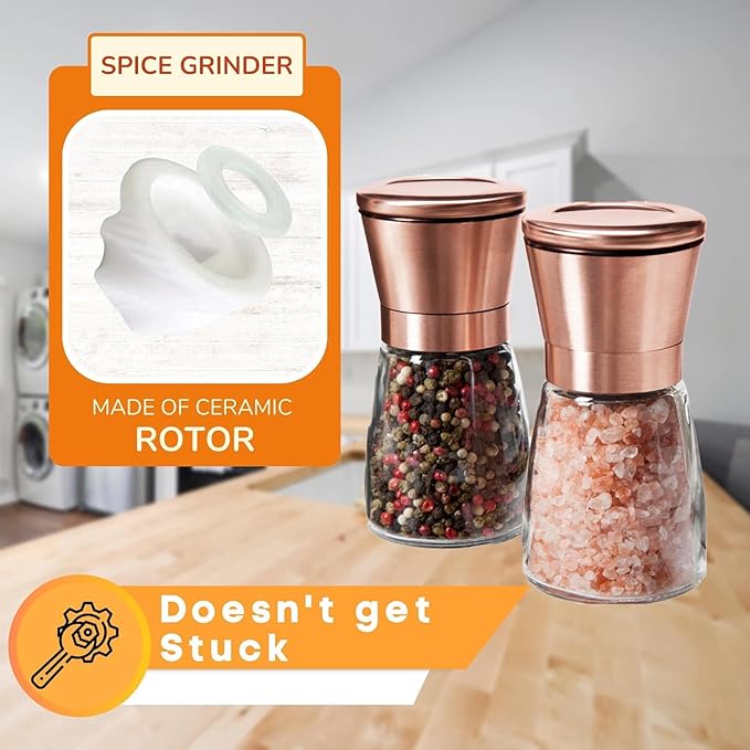 Kitchen Bliss Premium Copper Stainless Steel Salt and Pepper Grinder Set - Short Glass Shakers - Adjustable Coarseness Mills - Refillable with Himalayan Salt, Black Peppercorn - Set of 2