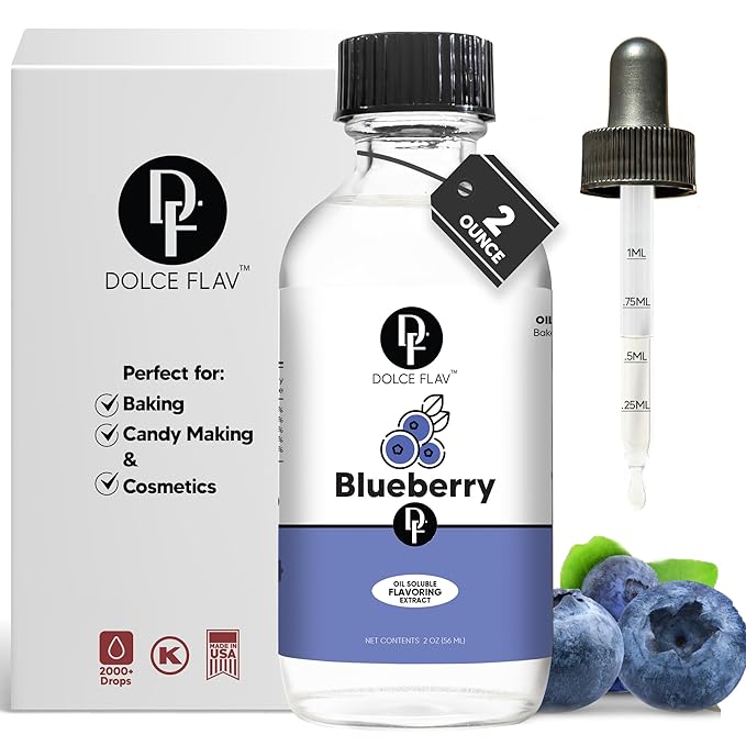 Dolce Flav Blueberry Extract ??2 Ounce Oil-Soluble Kosher, Sugar-Free, Concentrated Ripe Blueberry Flavoring for Baking, Chocolates & Desserts, Includes Measured Dropper