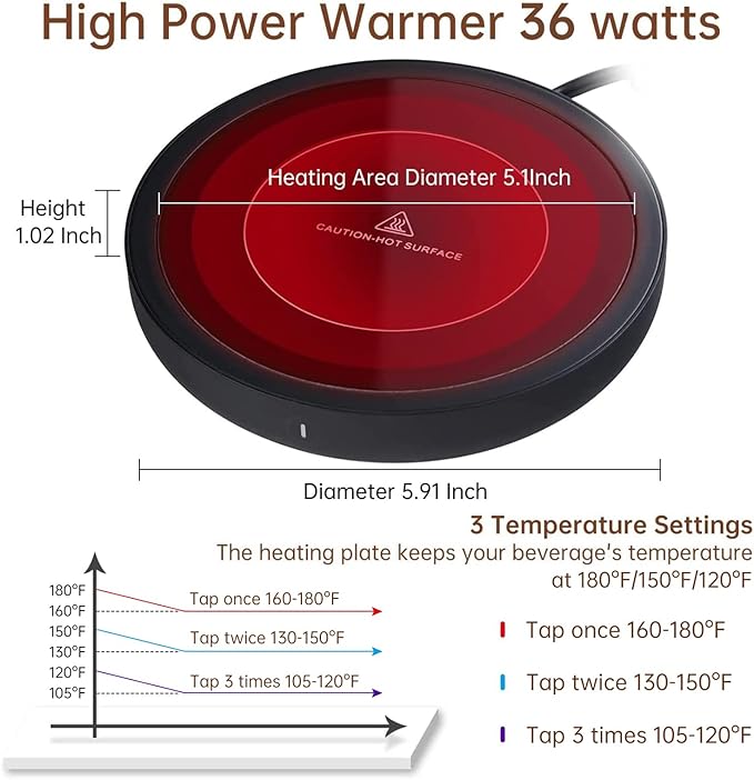 Coffee Warmer, 3-in-1 Mug Warmer with Auto Shut Off, Black, 36W Fast Heating, Perfect for Desk, Coffee, Tea, Milk