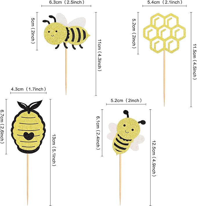 Pack of 24 Bumble Bee Cupcake Toppers Glitter Bee Gender Reveal Honeycomb Cupcake Picks Baby Shower Birthday Party Cake Decorations Supplies