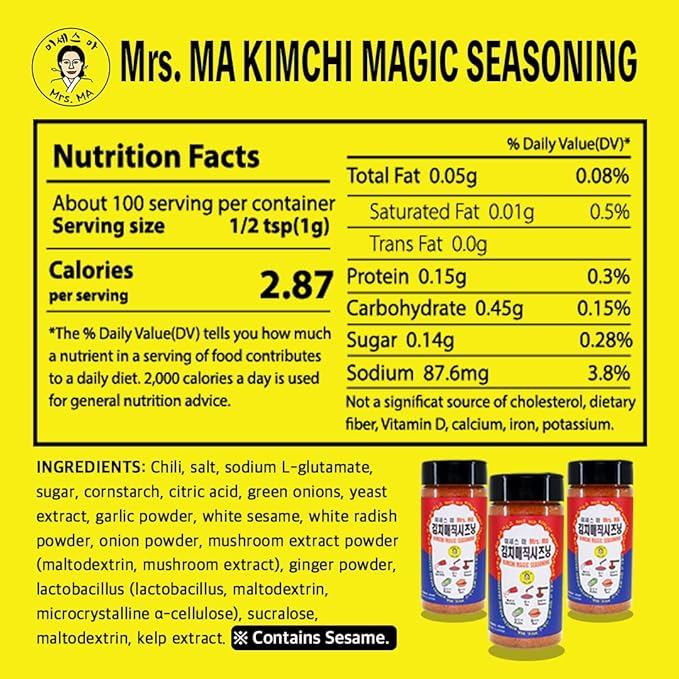 Mrs.MA Korean Kimchi Magic Powder Seasoning Mix 3.5 oz (100g) 1EA - Savory and Spicy Chili Powder Seasoning, Rich in Probiotics, Perfect for Vegetables, Meat, Soups, Snacks, and More!