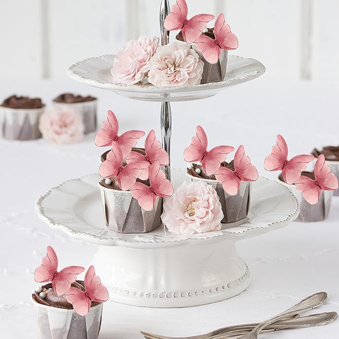 48PCS Edible Cupcake Toppers - Wafer Paper Edible Butterfly Cake Decorations for Butterfly Theme Baby Shower Birthday Wedding Party Supplies - Pink