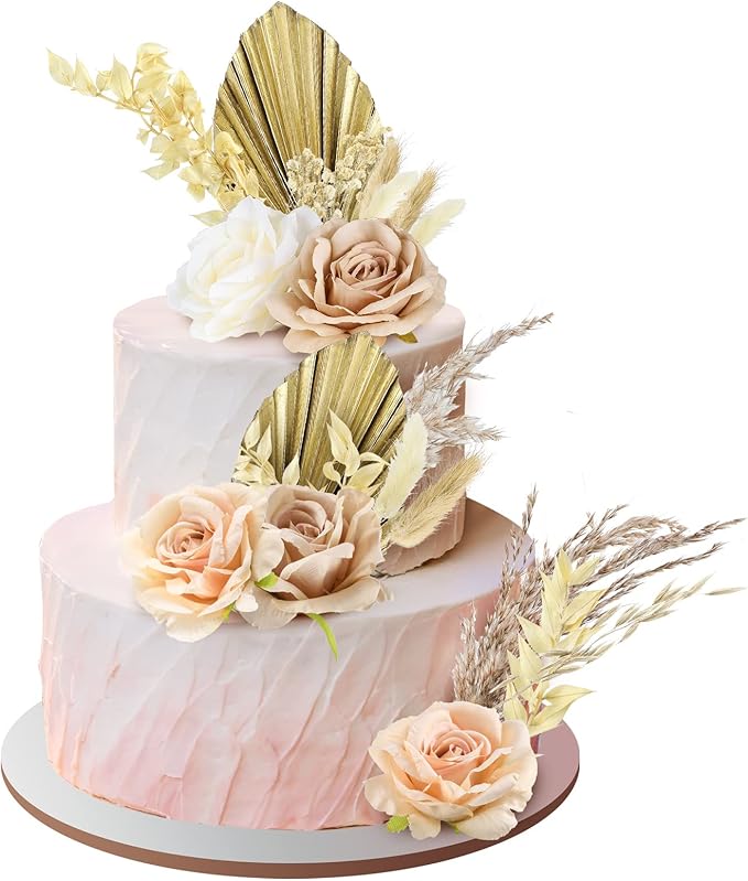 Tallew 28 Pcs Boho Cake Topper Decorations Vintage Artificial Rose Flowers Palm Leaves for Cake Decorating Kit Dried Faux Flower Decor for Bohemian Wedding Baby Shower Birthday Party Supplies