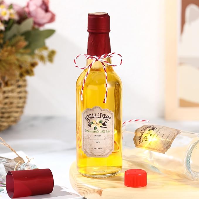 Tioncy 16 Pcs Vanilla Extract Bottles for Homemade Vanilla Jar Glass Bottle with Cap, Shrink Band, Sticker Syrup Gift Food Storage Canister for Bean Sauce Spice(Red,8.5 oz)