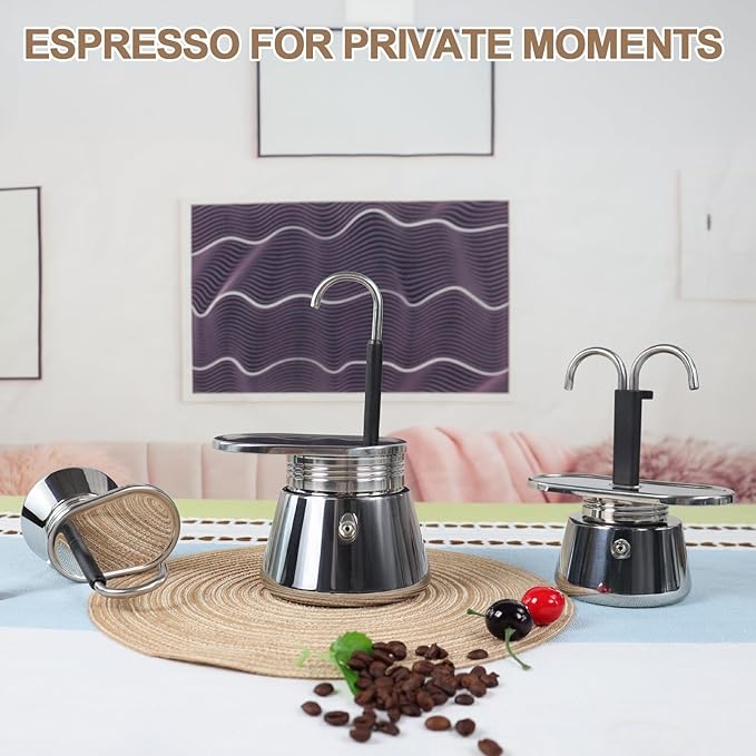 Uncoated 4 Cup Single Tube Moka Pot 304 Thickened Stainless Steel Mini Coffee Maker Stovetop Espresso Coffeemaker Italian Classic Style Brewing Greca Cafe Mocha Machine for Camping Travel Home 310ml