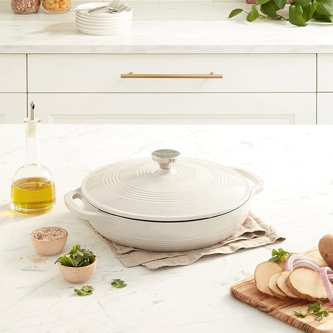 Lodge 3.6 Quart Enameled Cast Iron Oval Casserole With Lid??Dual Handles ??Oven Safe up to 500ì§?F or on Stovetop - Use to Marinate, Cook, Bake, Refrigerate and Serve ??Oyster White