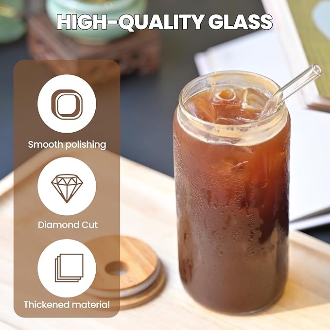 YUNCANG 6 Pack Bamboo Lid Glass Drinking Glasses with Glass Straw - 16-ounce Can Shaped Glassware for Beer, Iced Coffee, Cocktails, Whiskey, and More, Perfect for Cocktails, Whiskey, and Gifting