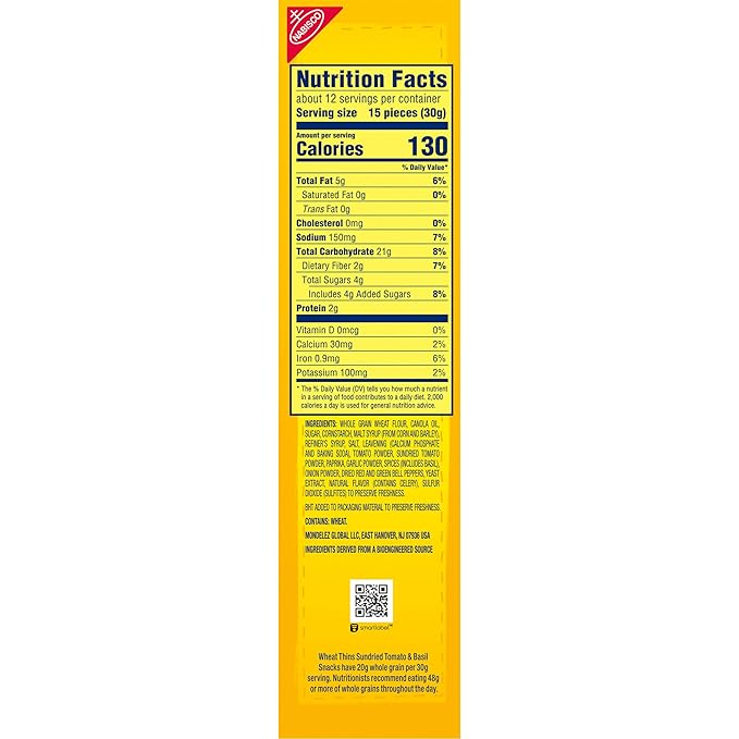 Wheat Thins Sundried Tomato & Basil Snacks, Whole Grain Wheat Crackers, Snack Crackers, Family Size, 13 oz