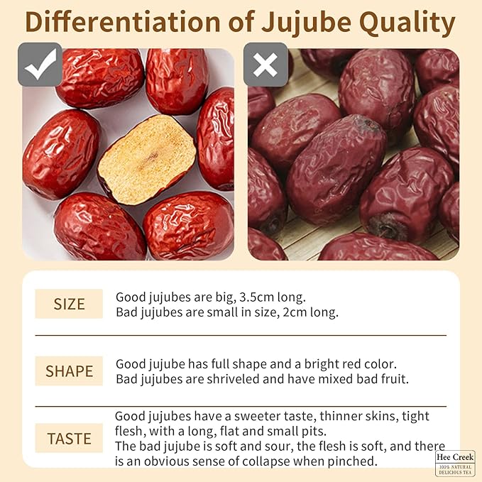Hee Creek Chinese Jujube Dates 500g (1.1LB) dried red date High Grade Dried Red Dates Fruit Jujubes Healthy Dried Fruit Superfood Snack, No Preservatives, Vegan, Kosher, Sweet Crispy Small Core 红枣 大枣