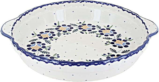Blue Rose Polish Pottery - Blue Sunflower Pie Plate with Handles - 9.75" Diameter - Ceramic Baking Dish, For Pies, Quiches & Desserts