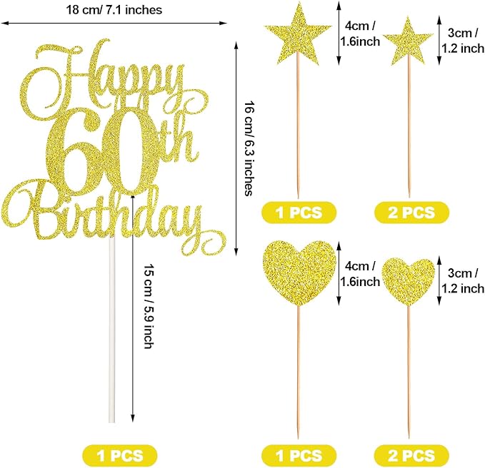 60th Birthday Cake Decorations Set Include 60th Birthday Candles Numeral 60 Cake Candles and Happy 60th Birthday Cake Toppers with Heart Star Cupcake Picks for Birthday Party (Gold Series)