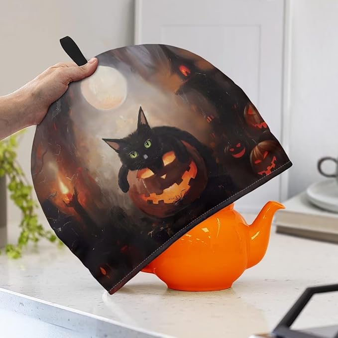 Halloween Decor Tea Cozy for Teapot Customized Teapot Covers Tea Kettle Warmer Cover Hanging Teapot Cover with Handle Black Cat Jack-o'-Lantern Dust Cover for Keeping Warm 竊뉰lack竊?"<div>