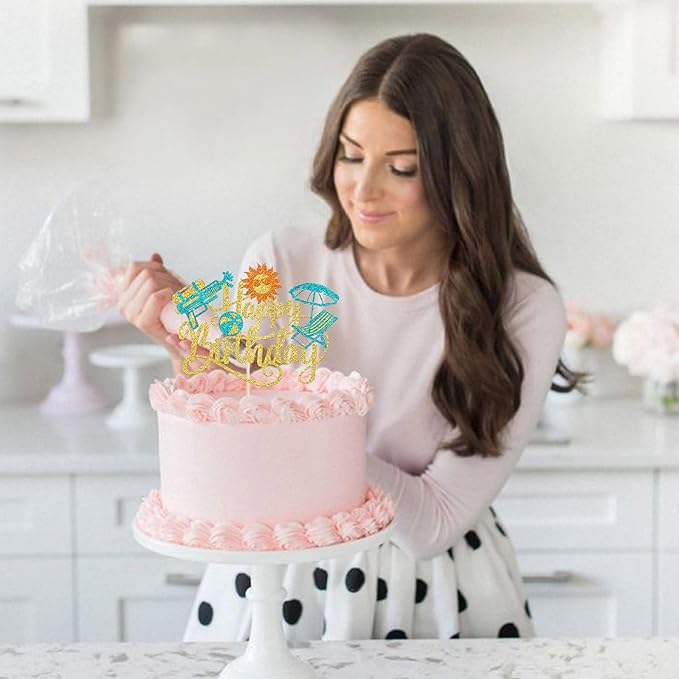 1 Pack Summer Beach Happy Birthday Cake Topper Tropical Hawaiian Water Gun Cake Pick Glitter Umbrella Pool Holiday Cupcake Decoration for Summer Baby Shower Birthday Party Supplies Gold