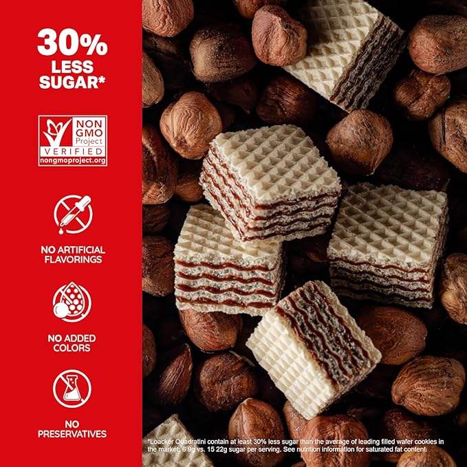 Loacker Quadratini Variety Pack Wafer Cookies LARGE - 30% Less Sugar - Mix of Hazelnut, Dark Chocolate, Vanilla and Chocolate - Premium Crispy Bite Size Wafers - LARGE Pack of 6