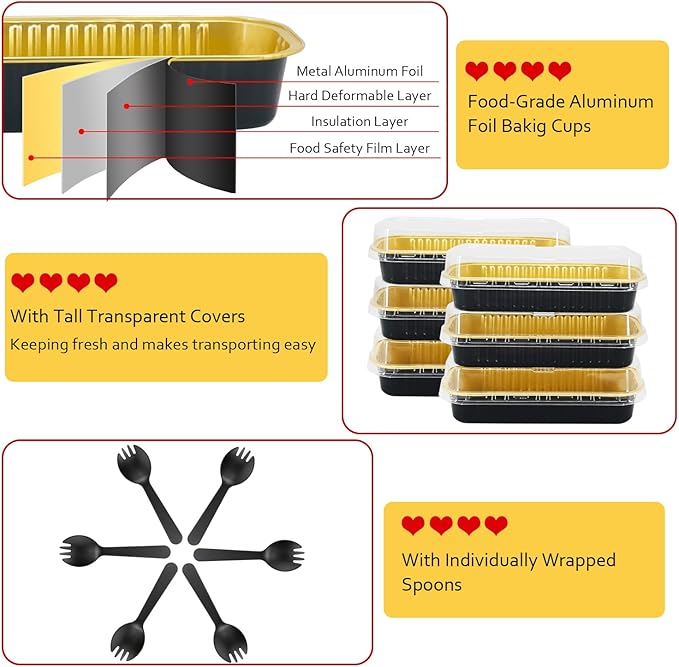 LNYZQUS Aluminum Foil Mini Loaf Pans with Lids 50 Pack, 6.8oz Rectangle Baking Cups Muffin Tins,Disposable Baking Tins Mini Baking Pans Holders -Black In Gold