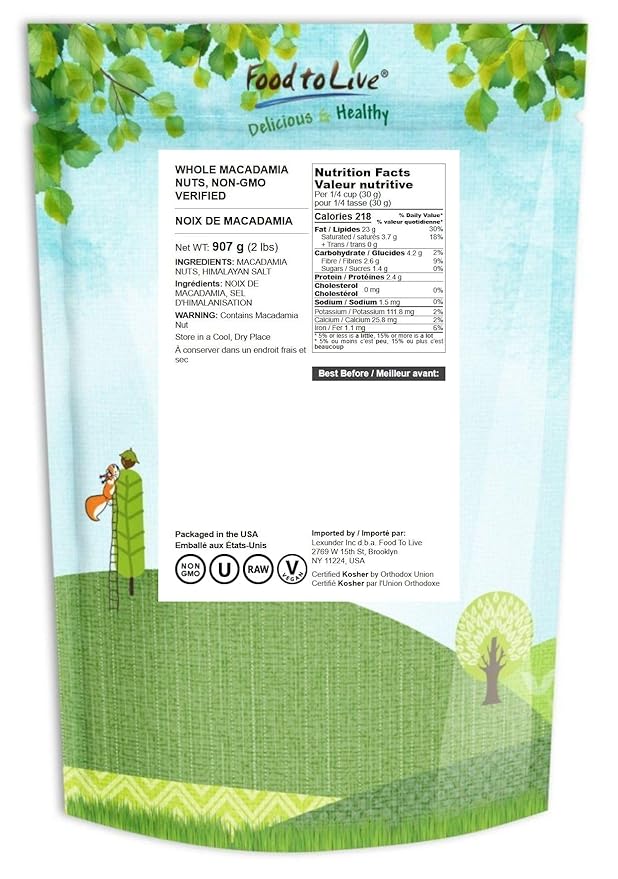 Food to Live Whole Macadamia Nuts, 2 Pounds – Non-GMO Verified, Raw, Unsalted, Unroasted, Keto Friendly, Kosher, Vegan, Bulk, Great as Snack & for Baking, Good Source of Manganese, Thiamin, & Copper