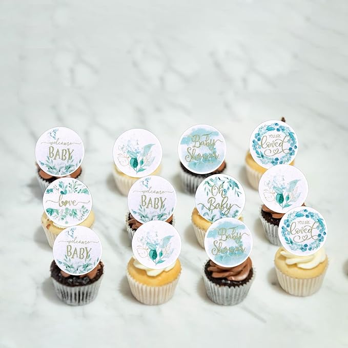 60 PCS Edible Baby Shower Cupcake Toppers Woodland Jungle Leaf Love Welcome Baby Cupcake Picks Edible Oh Baby Cake Decorations for Baby Shower Theme Gender Reveal Kids Birthday Party Supplies