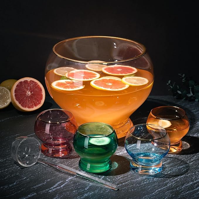 Colorful 1.7 Gallon Punch Bowl with 4 10oz Glasses Set with Ladle Gift For Mothers Day, Her, Wife, Mom, Friend - Colored Set Cocktails, Margarita, Juice, Punch Drink bowl for Parties, Weddings