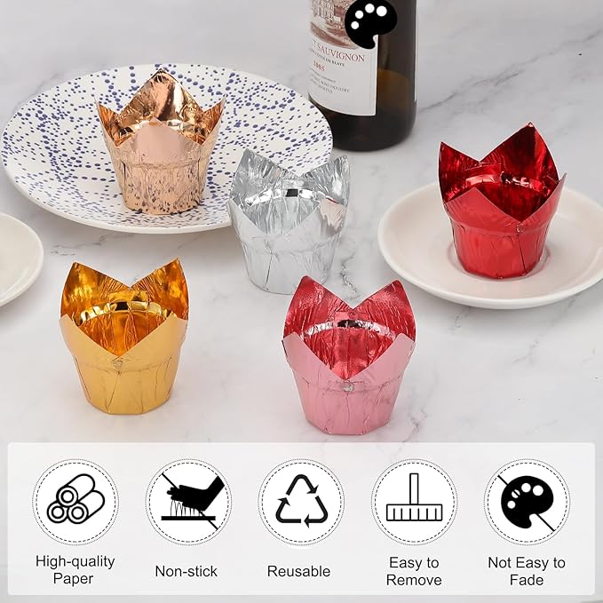 uxcell 100 Pcs Tulip Cupcake Liners, Muffins Liners Aluminum Foil Cupcake Wrappers Baking Cups Muffins Liners for Wedding Birthday Party Supplies, Silver/Champagne Gold