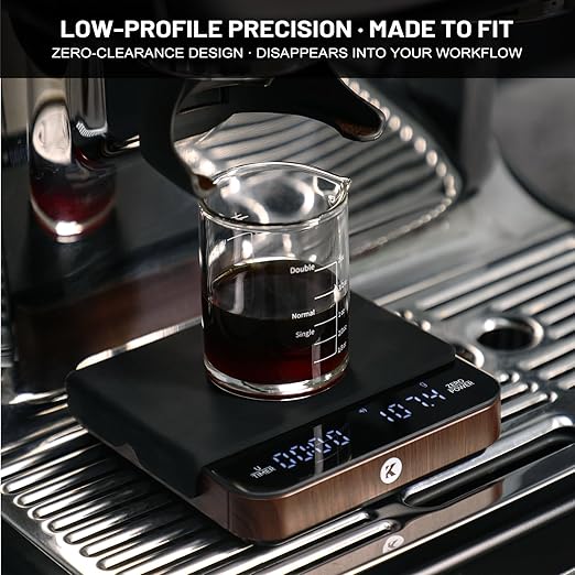 KitchenTour Caf챕Metric Coffee Scale with Timer 0.1g/2000g - Precision Scale for Espresso & Pour Over - Water Flow Speed Mode and Coffee Powder-to-Liquid Ratio Mode - Only Battery, LCD Display-Wood