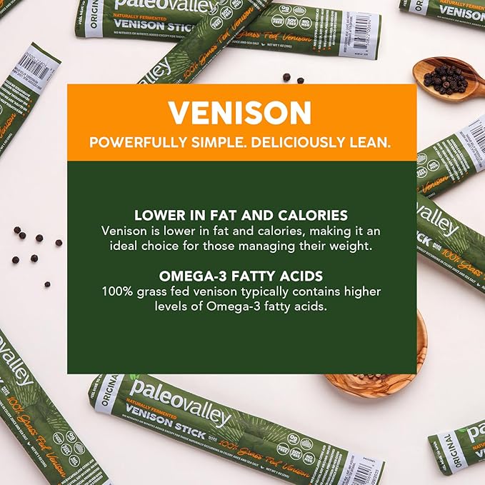 Paleovalley 100% Grass Fed Venison Sticks - 10 Pack -Keto-Friendly, High Protein, Low-Calorie Snack - Omega-3 Rich, Gluten-Free, Nitrate-Free, Naturally Flavored -Healthy On-the-Go Meat Snack
