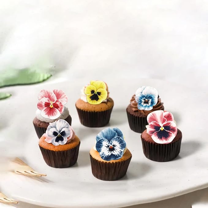 60 PCS Edible Flowers Cupcake Toppers Pansies Spring Edible Flowers Cake Decorations Bridal Shower Wafer Paper Flowers Cupcake Picks for Baby Shower Wedding Engagement Birthday Party Supplies