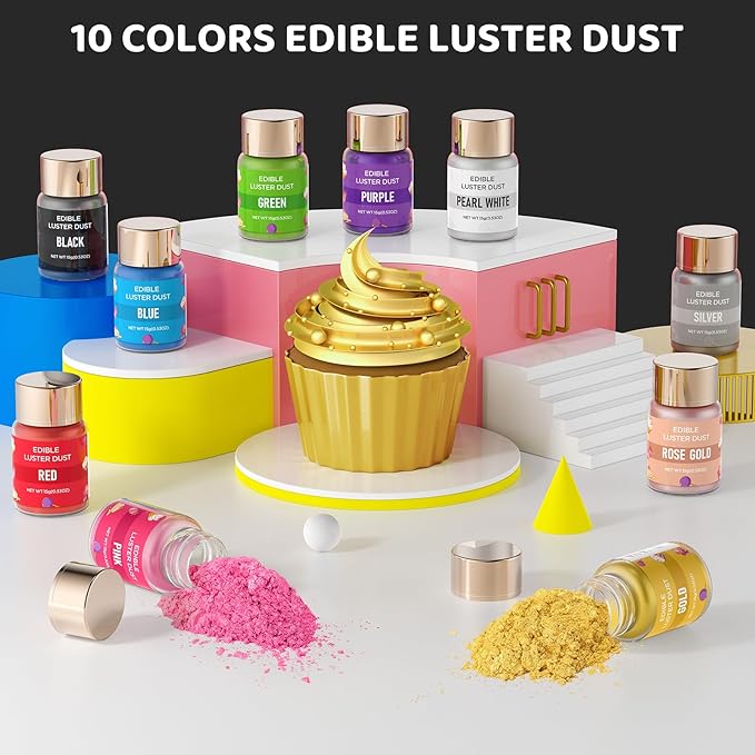 Luster Dust Edible - 15 Grams Food Grade Cake Dust Shimmer Powdered, Cherrysea Powder Luster Dust Food Coloring for Cocktails, Christmas Cookie Decorations, Cake, Drinks, Fondant, Candy - 15g/Bottle (9-Black)